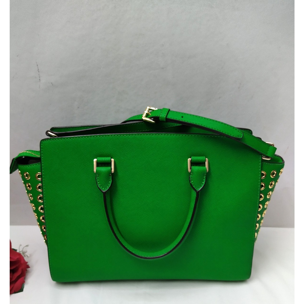 Michael Kors Green Leather Grommets Double Handles Satchel Bag - Picture 2 of 16